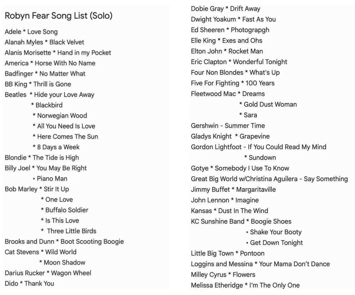 song lists 1